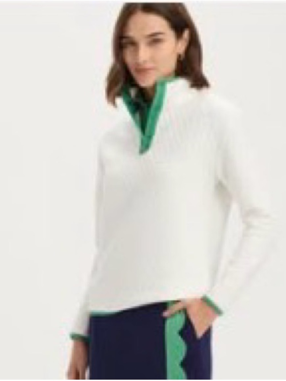 Renwick Quilted Snap Mock White Knit Pullover Sweater with Green Trim